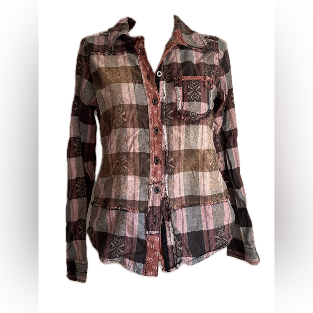 We the Free People Distressed Patchwork Long Sleeve Faded Button Down Flannel SM